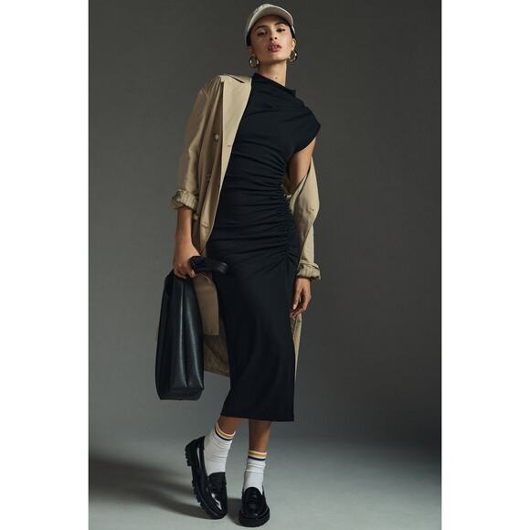 New Anthropologie The Maya Ruched Cowl-Neck Dress $160 X-SMALL XS Black - Picture 2 of 7